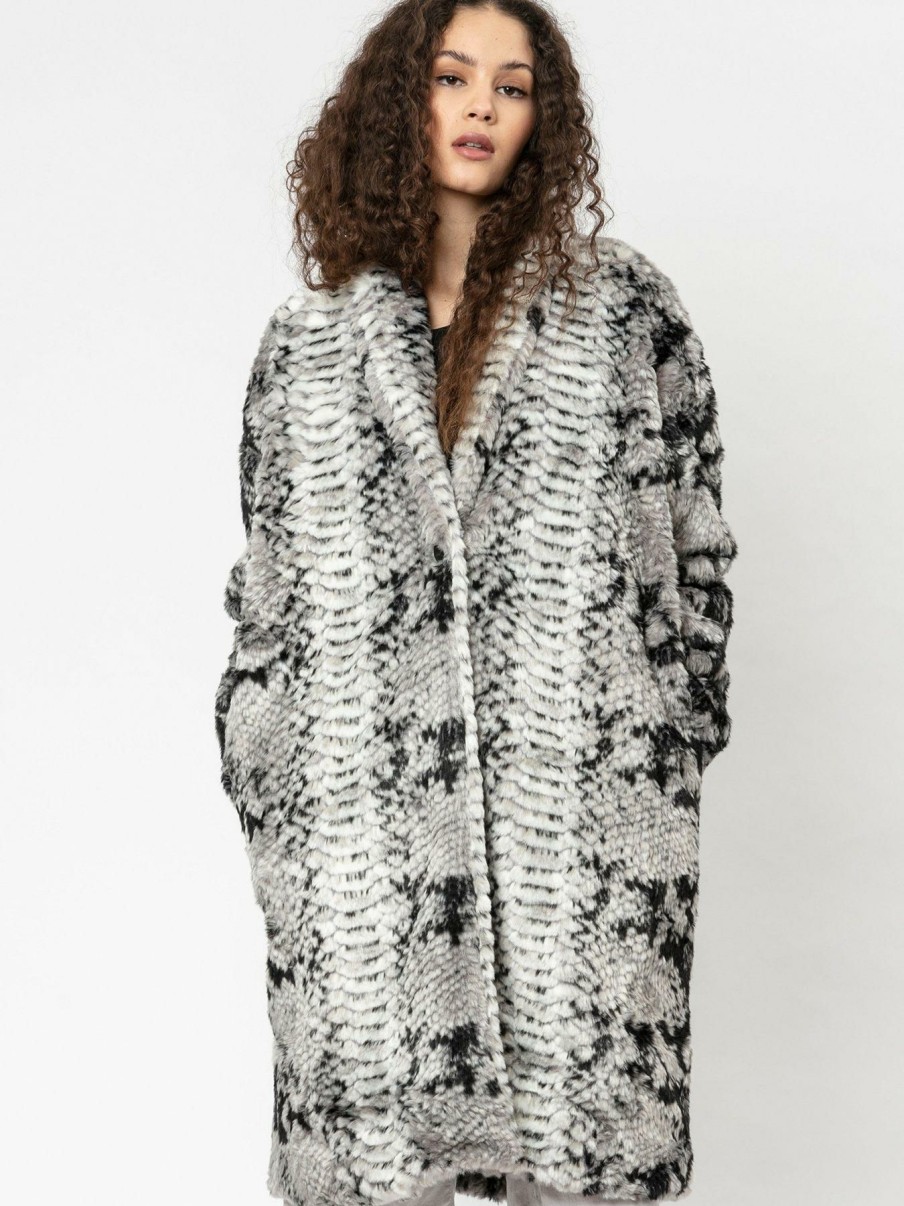 Clothing * | Religion Special Style Snake Print Faux Fur Coat Grey