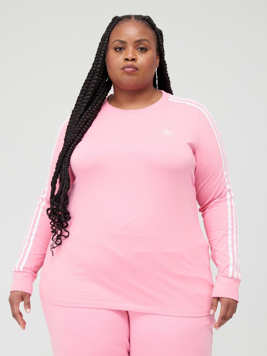 Clothing * | Adidas Originals Discount 3 Stripe Long Sleeve Tee (Plus Size) Pink