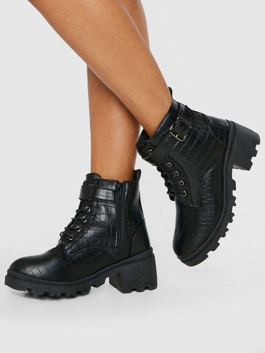 Shoes * | Boohoo Original Buckle Detail Block Heel Croc Hiker Boot Black