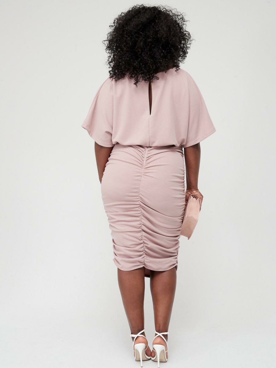 Clothing * | Ax Paris Online Curve Batwinged Ruched Bodycon Midi Dress Grey