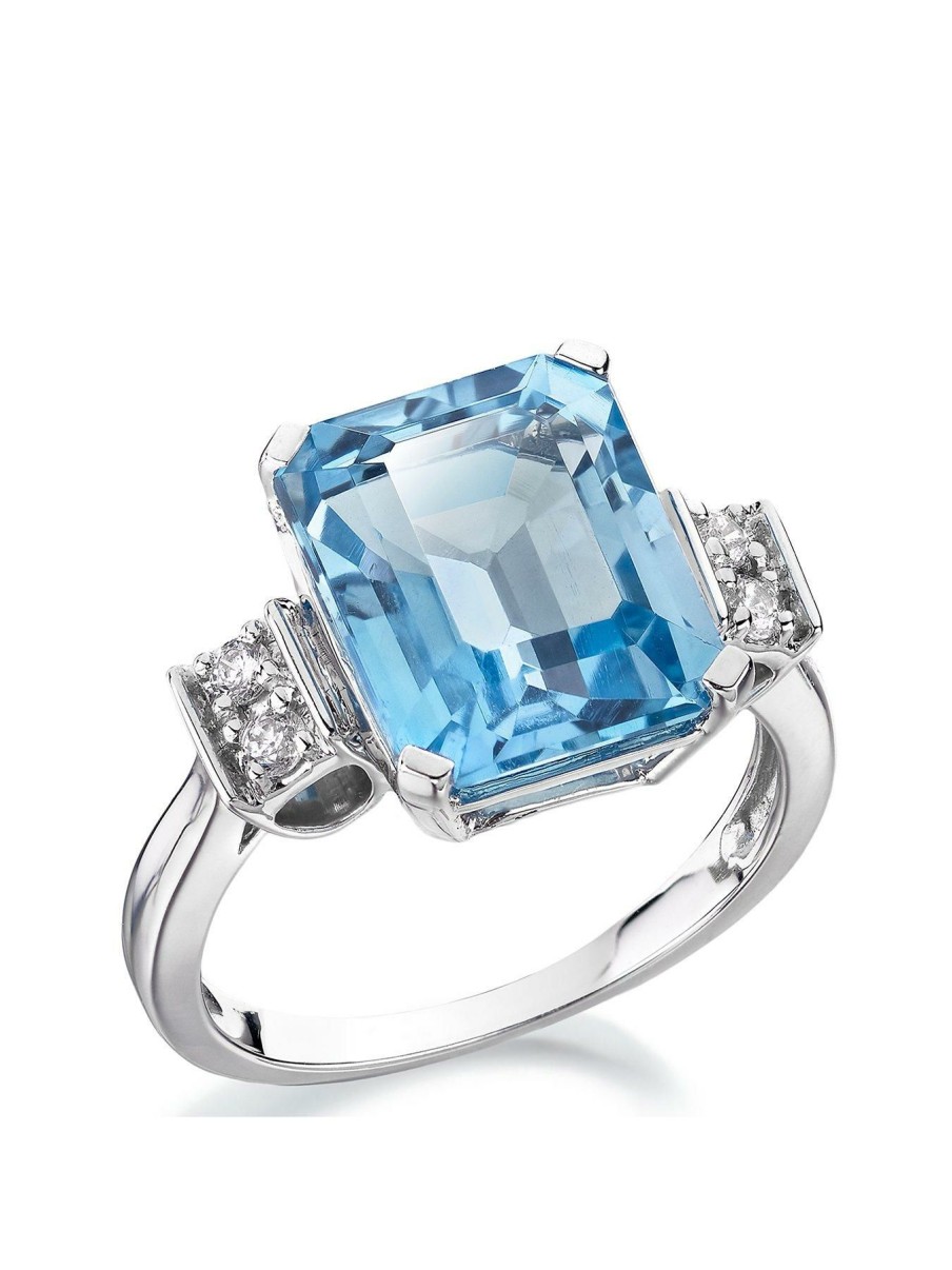 Accessories * | Love Gem Unique 9Ct White Gold Blue Topaz Emerald Cut Ring