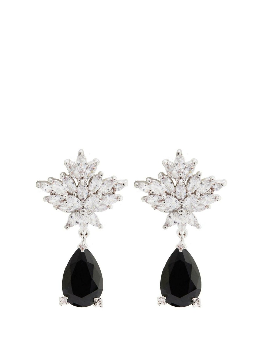 Accessories * | Jon Richard Online Jet Peardrop And Crystal Floral Earring Silver