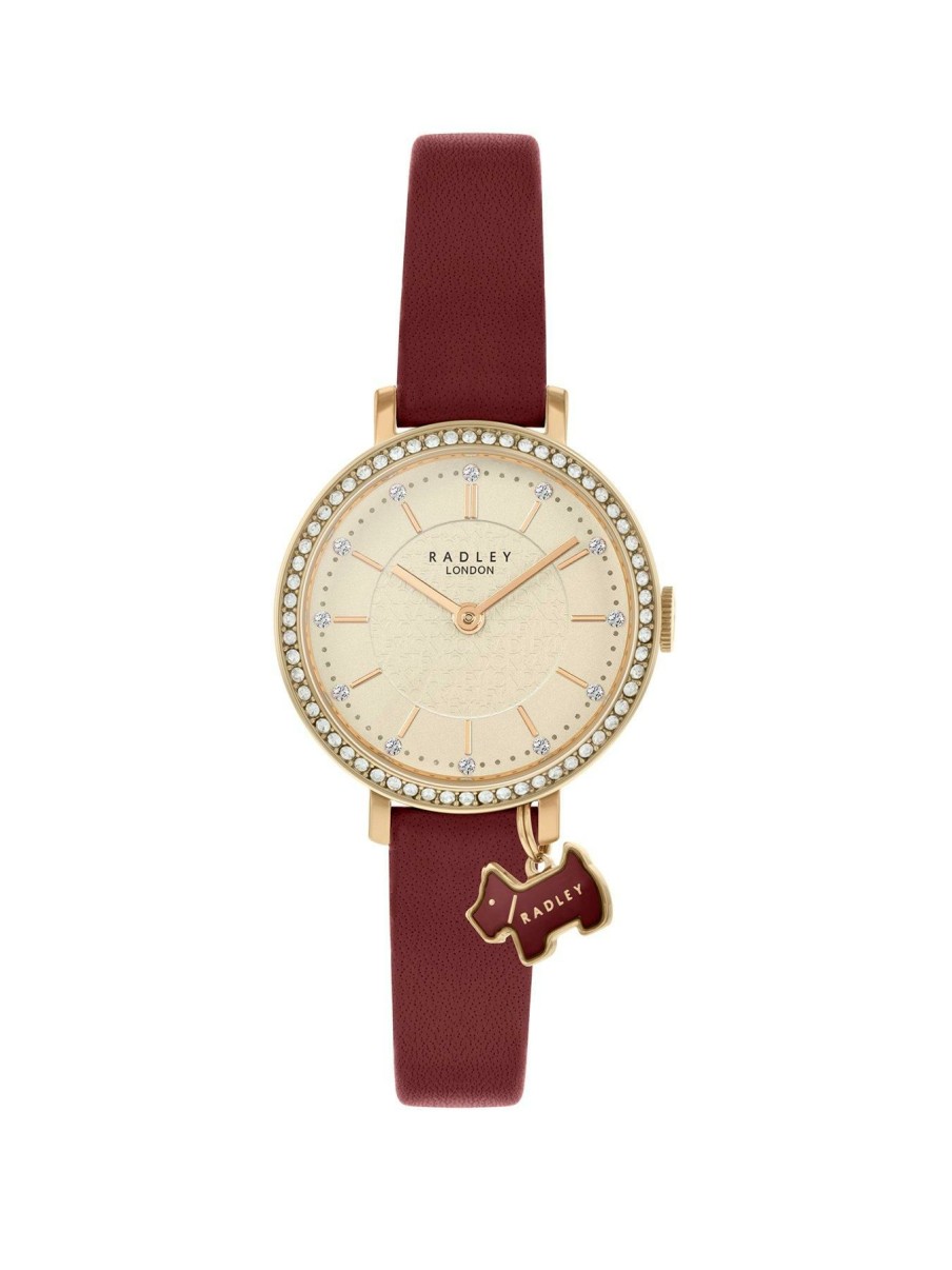 Accessories * | Radley Opening Sales Ladies Merlot Strap Stone Set Case With Charm Watch Ry21290 Gold