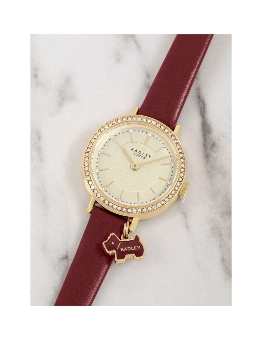 Accessories * | Radley Opening Sales Ladies Merlot Strap Stone Set Case With Charm Watch Ry21290 Gold