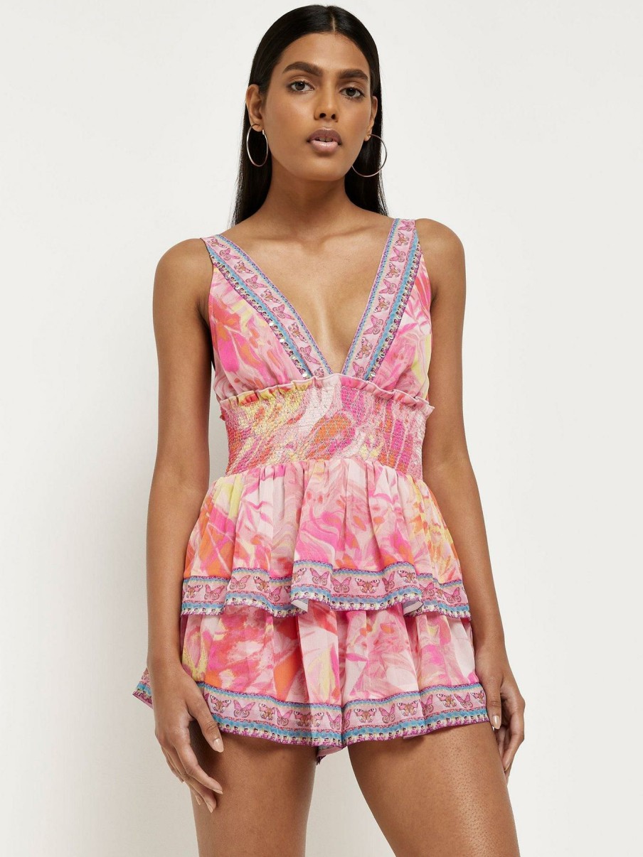 Clothing * | River Island Fashionable Plunge Tiered Playsuit Pink