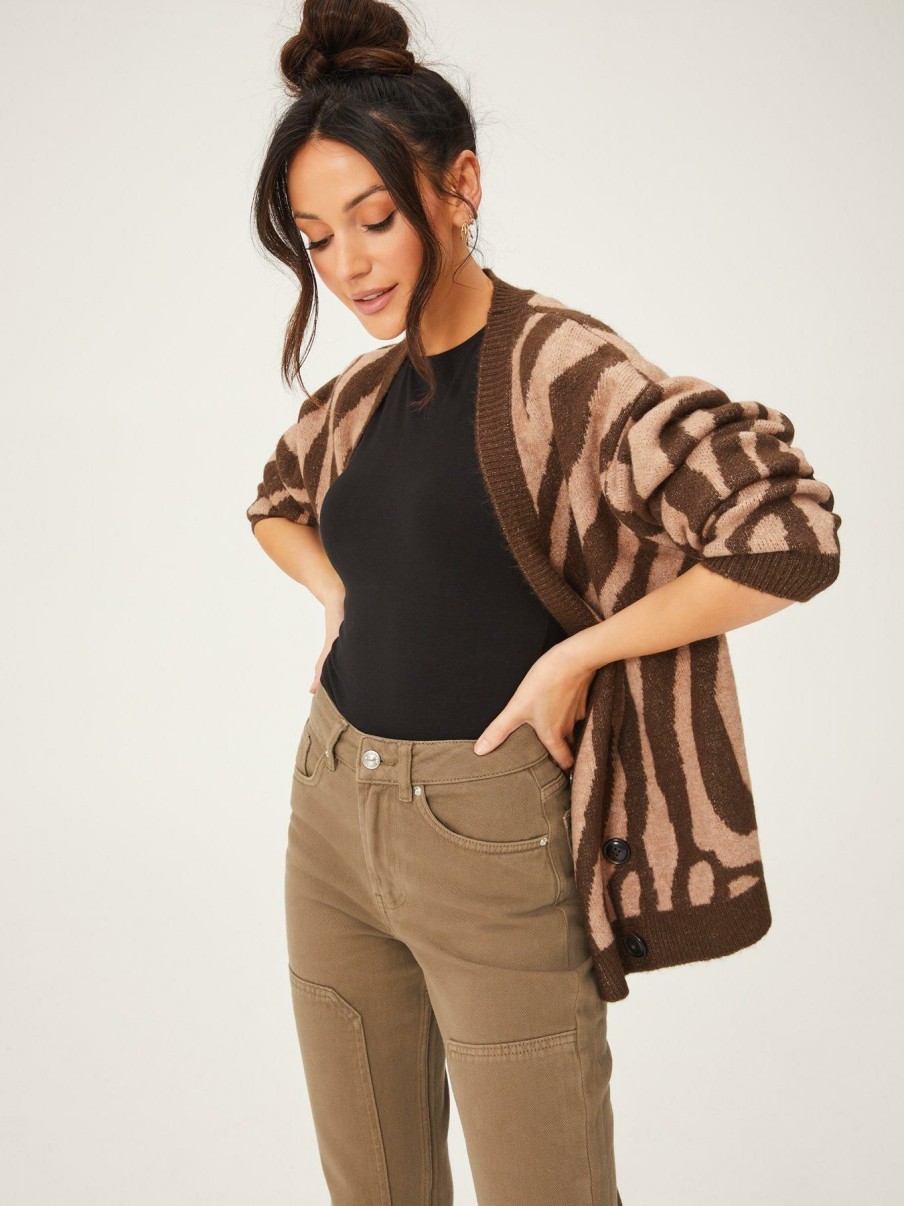 Clothing * | Michelle Keegan Discount Animal Print Cardigan Brown