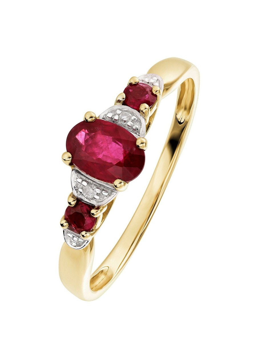 Accessories * | Love Gem Discount 9Ct Yellow Gold 4*6Mm Treated Ruby And Diamond Ring