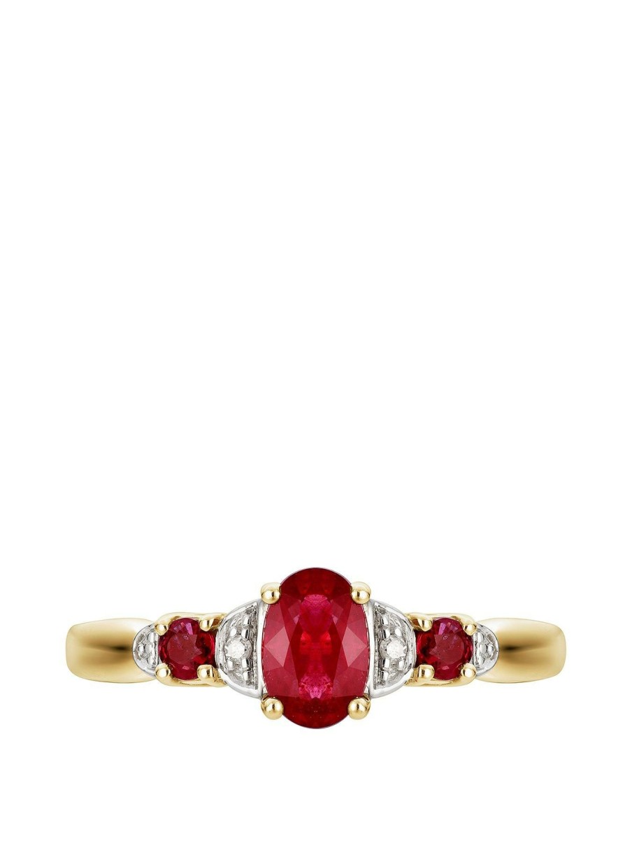 Accessories * | Love Gem Discount 9Ct Yellow Gold 4*6Mm Treated Ruby And Diamond Ring