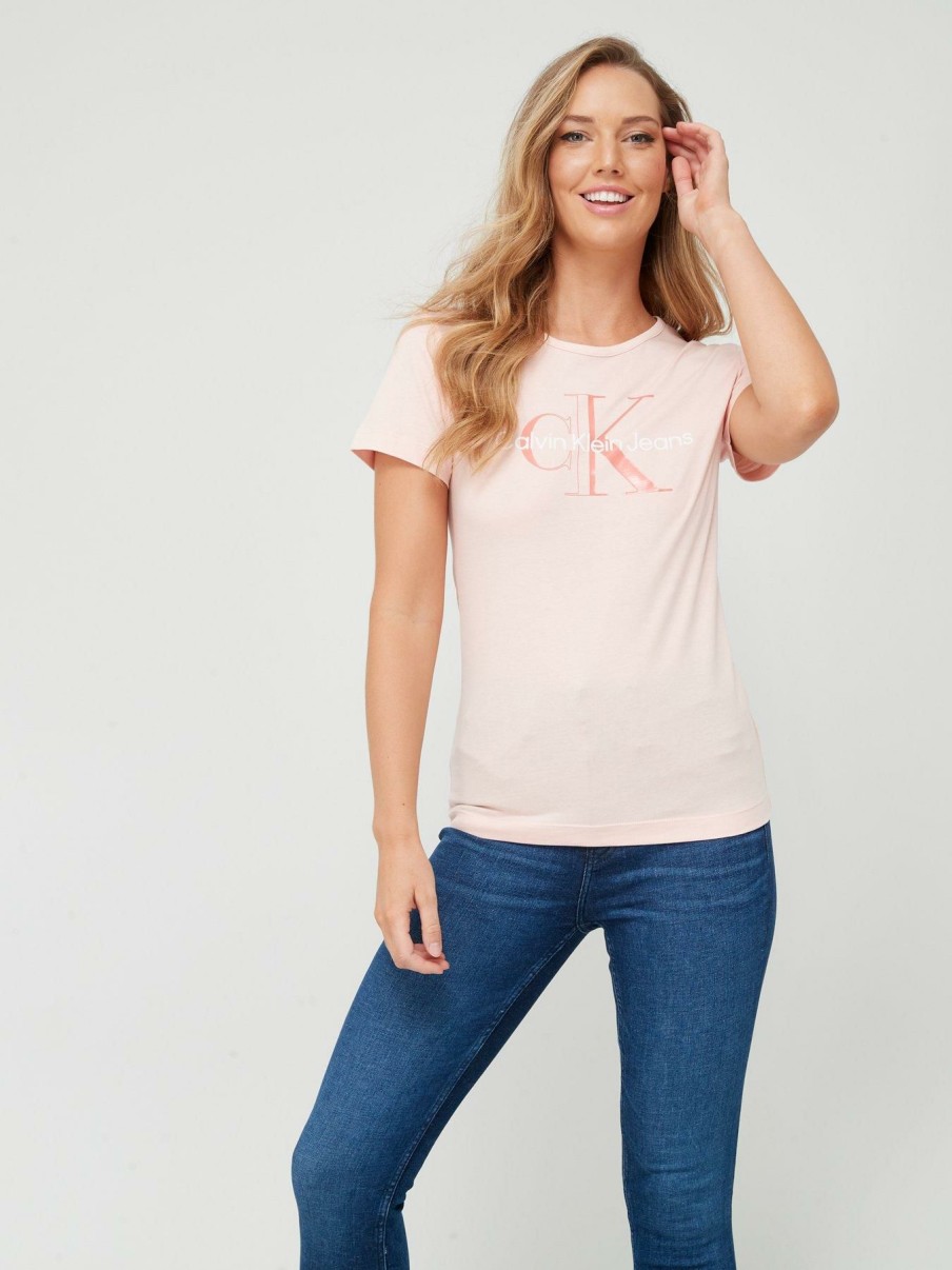 Clothing * | Calvin Klein Jeans Online Discount Glossy Monogram Slim Tee Pink -Pink