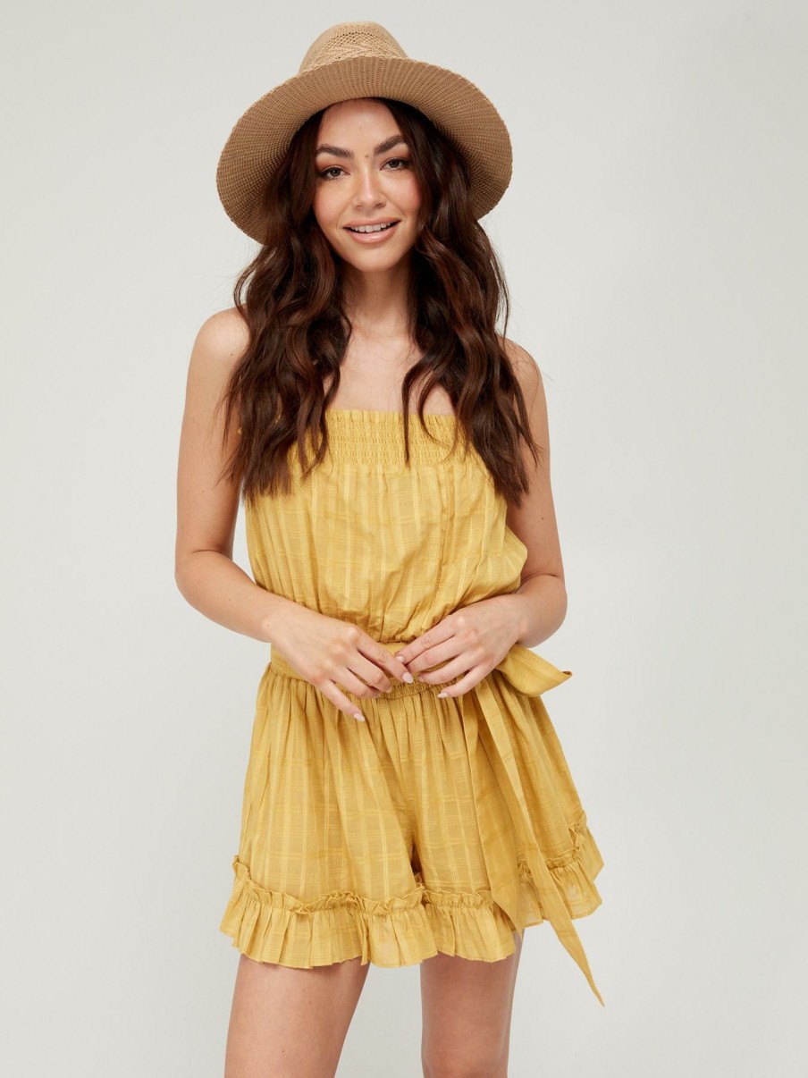 Clothing * | V By Very Cheaper Sheer Textured Tie Waist Beach Playsuit Mustard