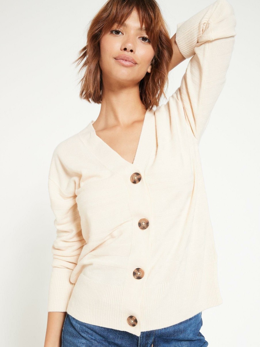 Clothing * | Everyday Exquisite Gifts Knitted Super Soft Ottomon Stitch Stripe Cardigan Ivory