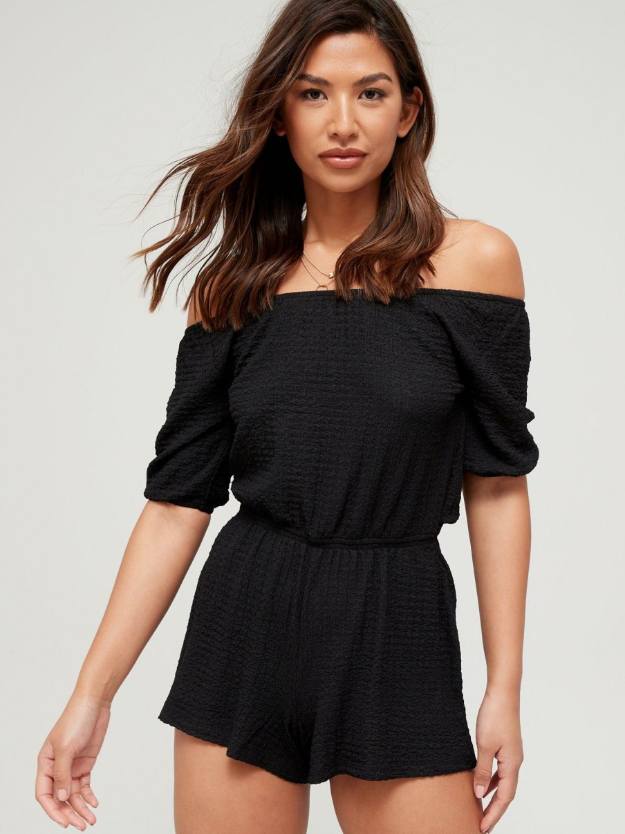 Clothing * | V By Very Outlet Sale Bardot Textured Beach Playsuit Black