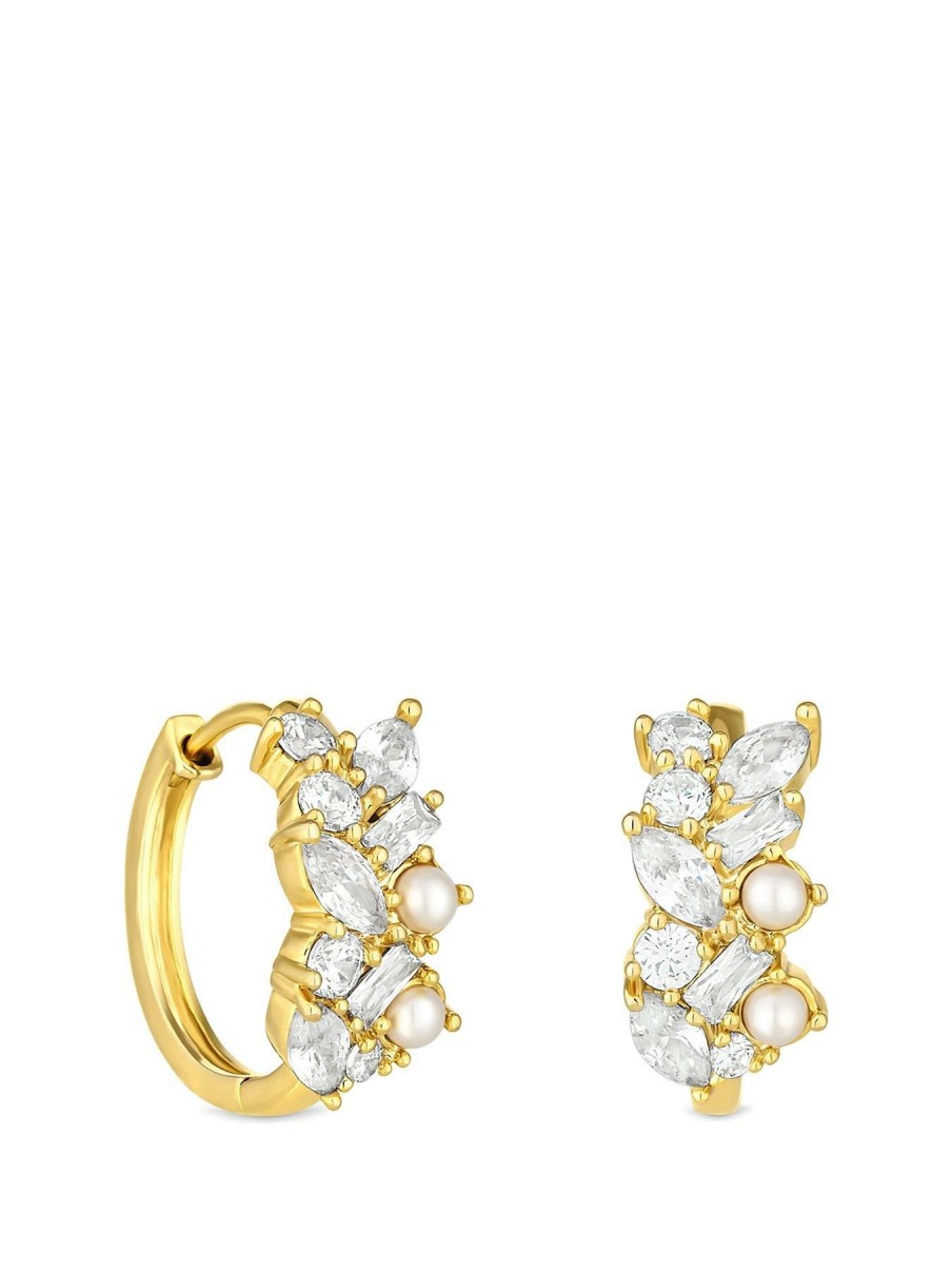 Accessories * | Jon Richard Online Gold Plated Scattered Crystal And Pearl Hoop Earrings Yellow Gold