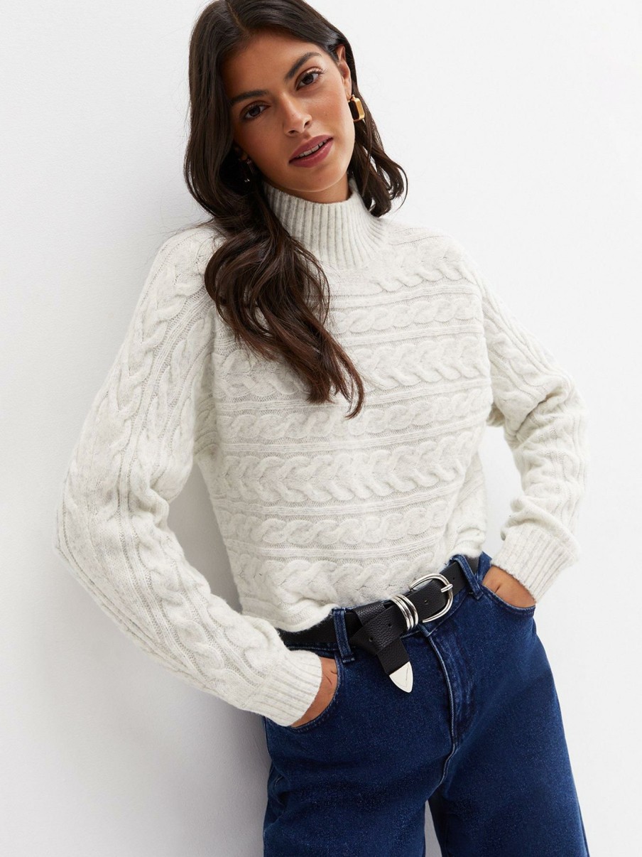 Clothing * | New Look Opening Sales Off White Cable Knit High Neck Crop Jumper