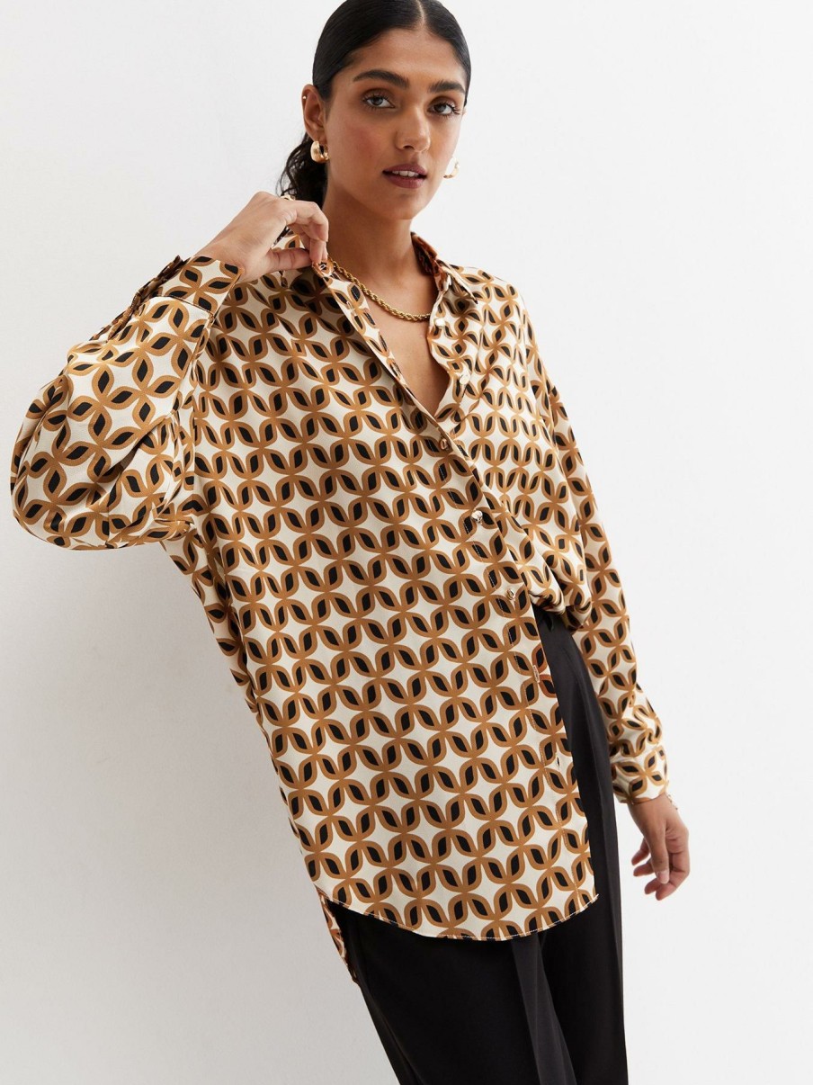 Clothing * | New Look Online Discount Brown Geometric Satin Long Sleeve Oversized Shirt