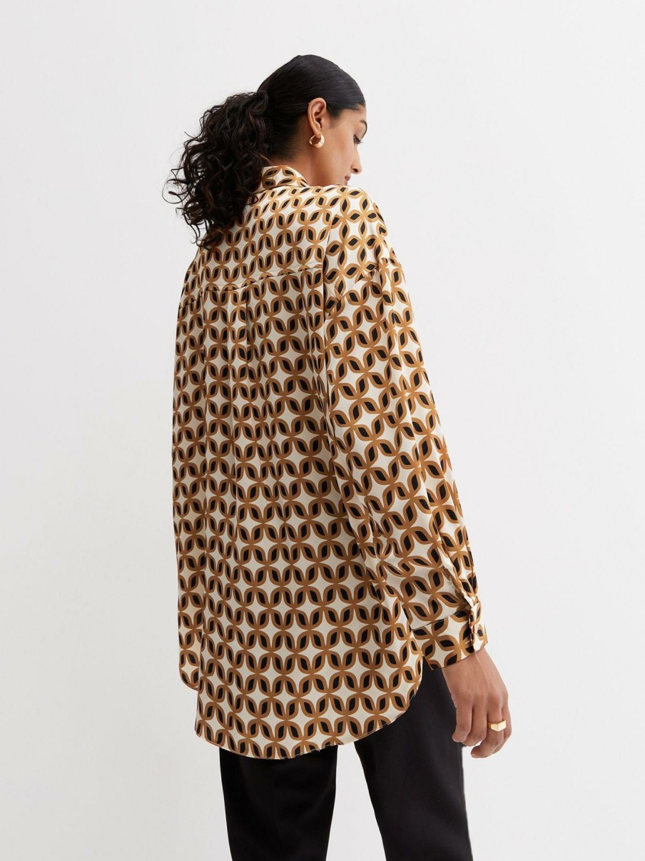 Clothing * | New Look Online Discount Brown Geometric Satin Long Sleeve Oversized Shirt