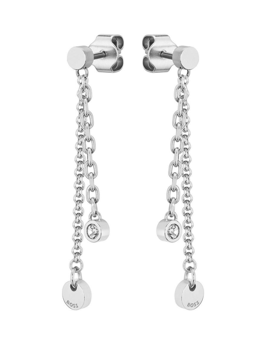 Accessories * | Discount Ladies Boss Iris Stainless Steel Crystal Drop Earrings Silver