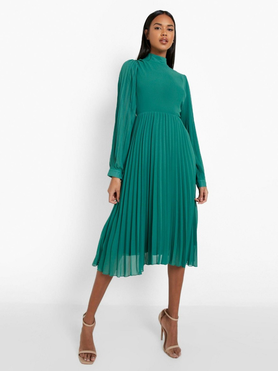 Clothing * | Boohoo Limited Edition Pleated High Neck Midi Skater Dress Green