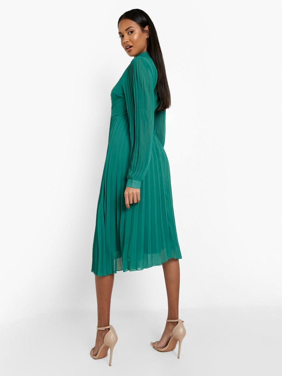 Clothing * | Boohoo Limited Edition Pleated High Neck Midi Skater Dress Green