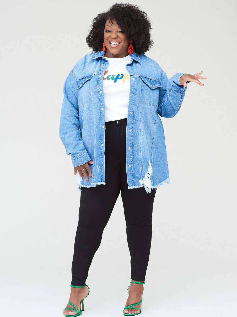 Clothing * | Judi Love Limited Edition Puff Sleeve Denim Shirt Mid Blue