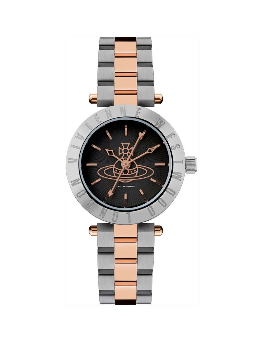 Accessories * | Vivienne Westwood Fashionable Ladies Westbourne Orb Quartz Watch With Black Dial & Two Tone Stainless Steel Bracelet