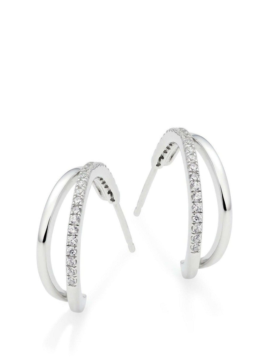 Accessories * | Beaverbrooks Discount Store Cubic Zirconia Double Hoop Ladies Earrings Silver