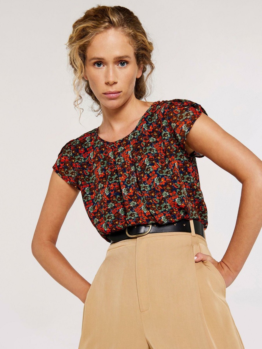 Clothing * | Apricot Limited Edition Pansy Print Tulip Sleeve Top Red/Floral Print