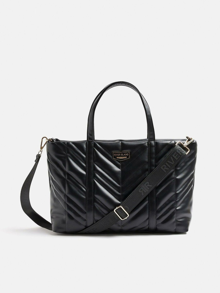 Accessories * | River Island Outlet Sale Chevron Quilted Tote Black