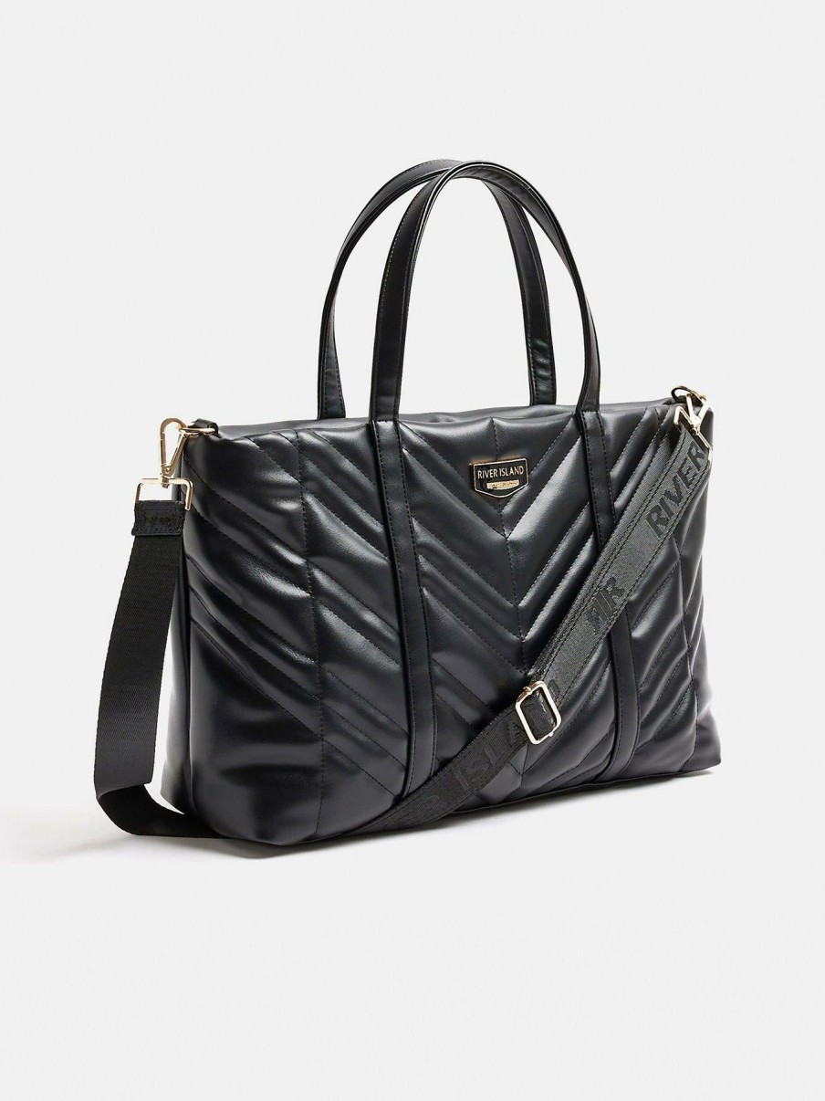 Accessories * | River Island Outlet Sale Chevron Quilted Tote Black