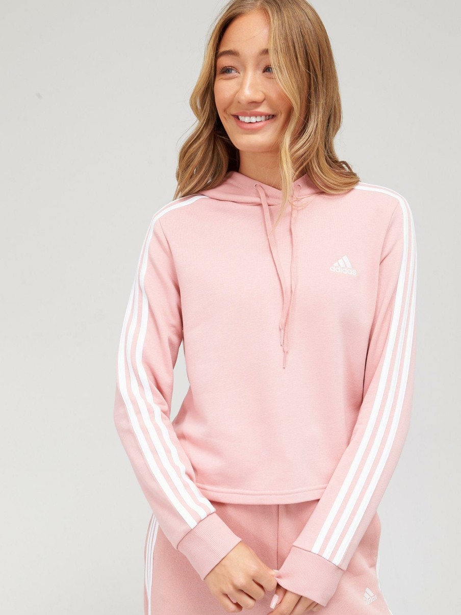 Clothing * | Adidas Online Discount Essential 3 Stripe Cropped Hoodie Pink