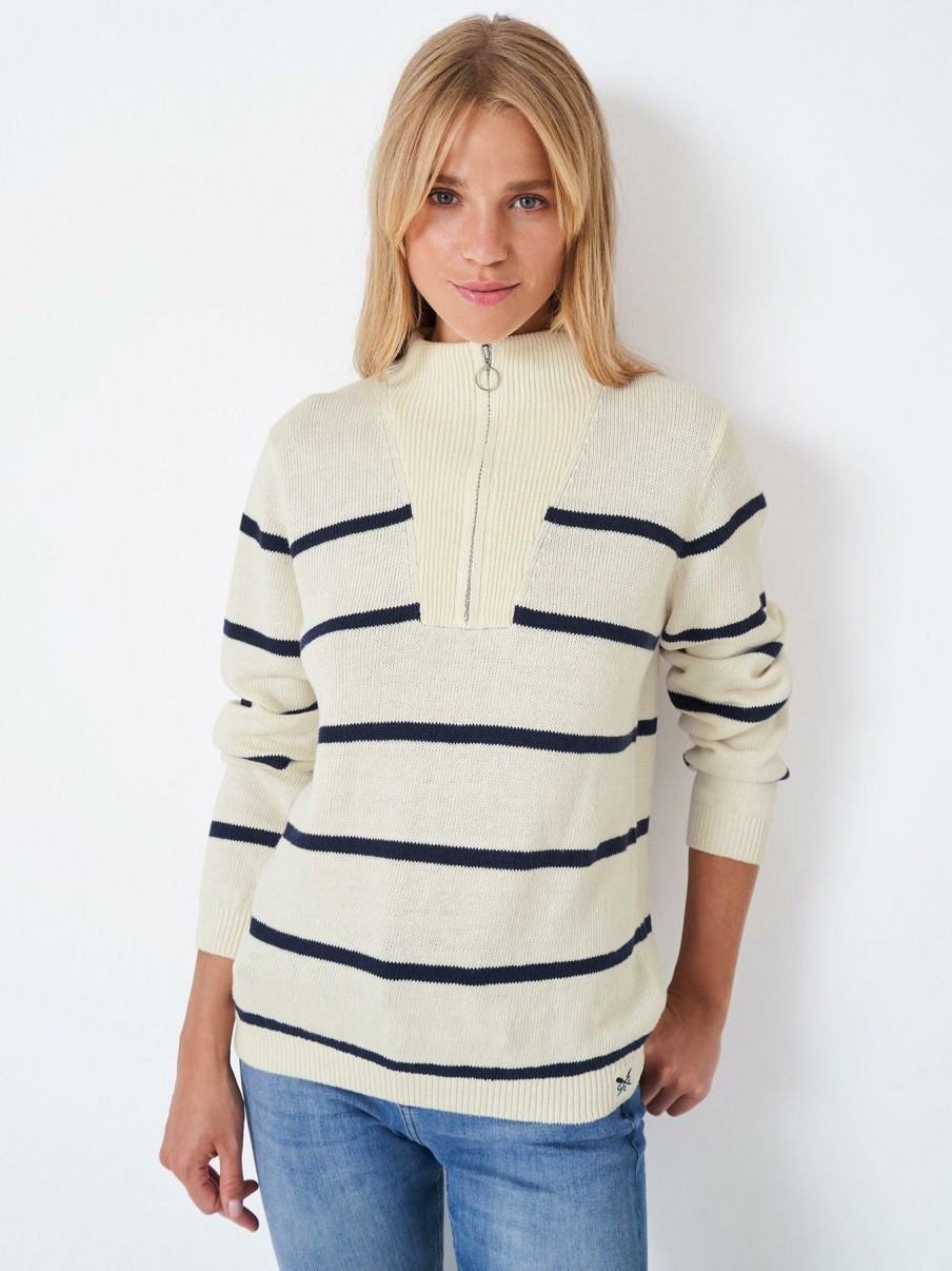 Clothing * | Crew Clothing Online Ama Half Zip Stripe Jumper White